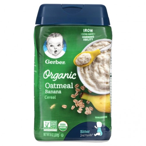 Gerber, 유기농 오트밀 시리얼, 앉을 수 있는 아기, 바나나, 227g(8oz)
