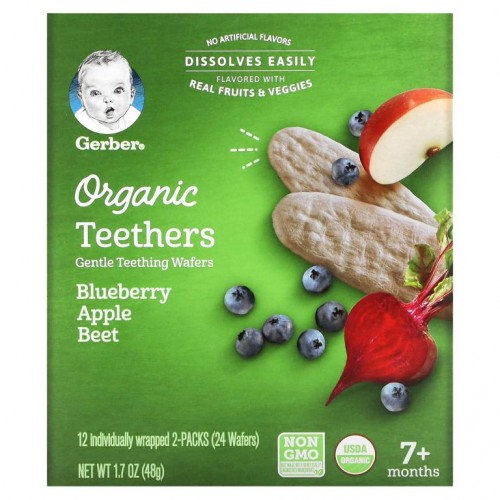 Gerber, 유기농 티더스, 부드러운 치아 발육 웨이퍼, 7개월 이상, 블루베리 사과 비트, 12팩, 각 웨이퍼 2개