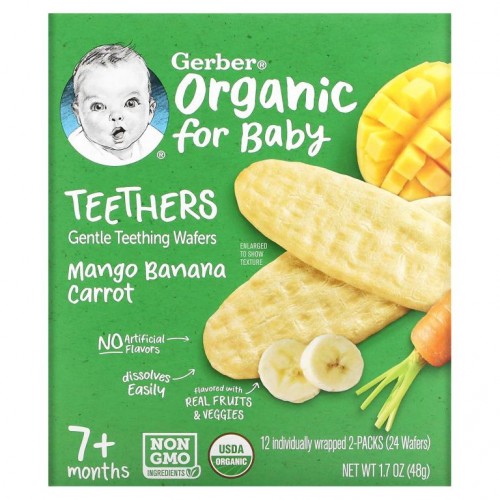 Gerber, 유기농 티더스, 부드러운 치아 발육 웨이퍼, 7개월 이상, 망고 바나나 당근, 12팩, 각 웨이퍼 2개