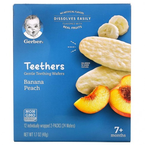 Gerber, 티더스, 부드러운 치아 발육 웨이퍼, 7개월 이상, 바나나 복숭아, 12팩, 각 웨이퍼 2개