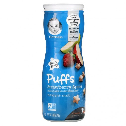 Gerber, 퍼프, 곡물 퍼프 스낵, 생후 8개월 이상, 딸기 사과 맛, 42g (1.48oz)