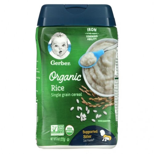 Gerber, 1st Foods, 유기농 쌀, 단일 곡물 시리얼, 도움을 주면 앉을 수 있는 아기, 227g(8oz)