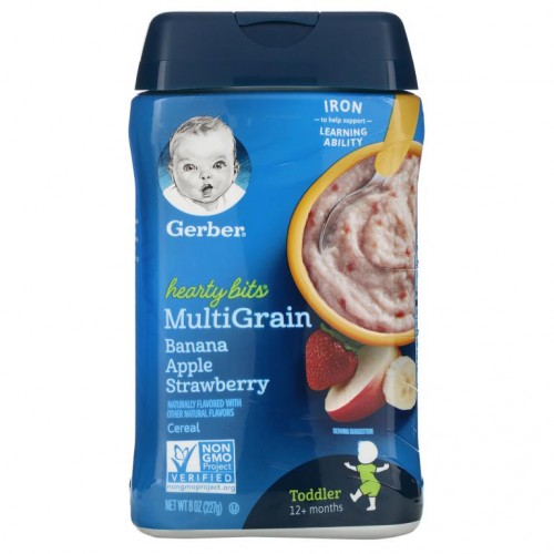 Gerber, Hearty Bits, 멀티그레인 시리얼, 12개월 이상 유아용, 바나나, 사과, 딸기, 227g(8oz)