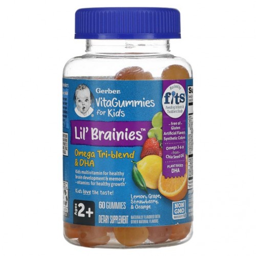 Gerber, Lil Brainies, 오메가 트리-블렌드 & DHA, 어린이용 종합비타민, 만 2세 이상용, 구미젤리 60개