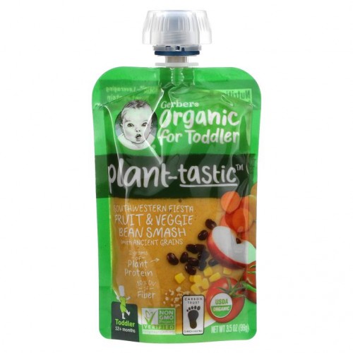 Gerber, Plant-Tastic, 유아용 유기농 제품, 고대 곡물이 함유된 사우스웨스턴 피에스타 과일 및 채소 콩 스매시, 12개월 이상, 99g(3.5oz)