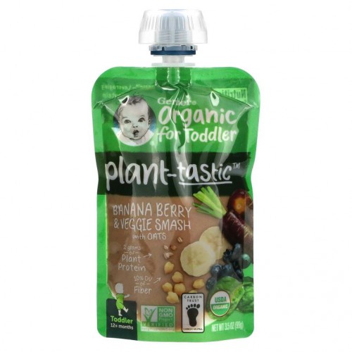 Gerber, Plant-Tastic, Organic for Toddler, Banana Berry & Veggie Smash with Oats, 12+ Months, 3.5 oz (99 g)