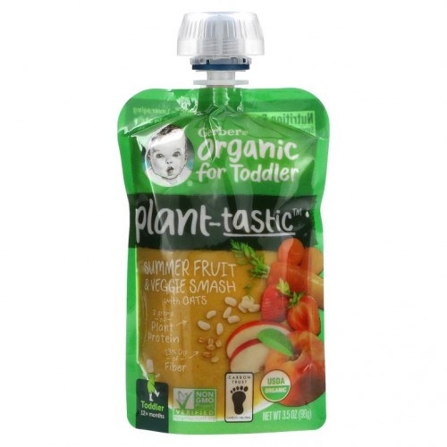 Gerber, Plant-Tastic, Organic for Toddler, Summer Fruit & Veggie Smash with Oats, 12+Months, 3.5 oz (99 g)