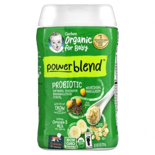 Gerber, PowerBlend, 영유아용 유기농 간식, 프로바이오틱, 오트밀, 병아리콩, 바나나, 치아 시리얼, 생후 8개월 이상, 227g(8oz)