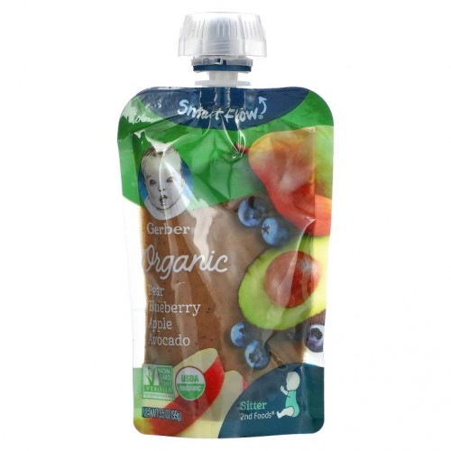 Gerber, Smart Flow, 유기농, 배, 블루베리, 사과, 아보카도, 99g(3.5oz)