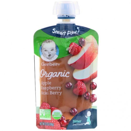 Gerber, Smart Flow, 유기농, 사과, 라즈베리, 아사이베리, 99g(3.5oz)