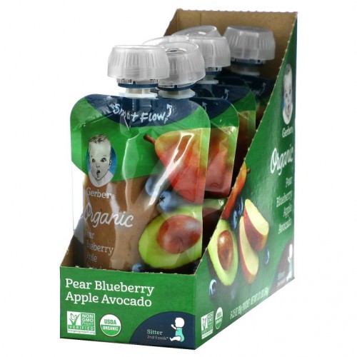 Gerber, Smart Flow, Organic, Pear, Blueberry, Apple, Avocado, 6 Pack, 3.5 oz (99 g) Each