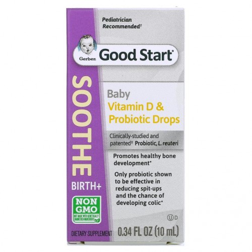 Gerber, Soothe, 비타민D 및 프로바이오틱 드롭, 0개월 이상, 10ml(0.34 fl oz)