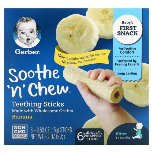 Gerber, Soothe 'N' Chew, 치발기 스틱, 생후 6개월 이상, 바나나 맛, 개별 포장된 스틱 6개, 각 15g(0.53oz)