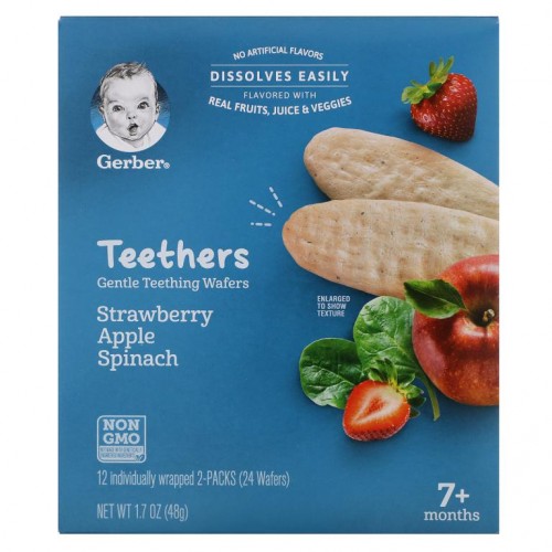 Gerber, Teethers, 부드러운 치아 발육 웨이퍼, 7개월 이상, 딸기 사과 시금치, 12팩, 각 웨이퍼 2개