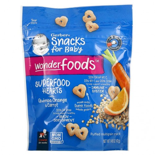 Gerber, Wonderfoods, 유아용 간식, 곡물 퍼프 스낵, 퀴노아, 오렌지, 당근, 생후 10개월 이상, 42g (1.48oz)