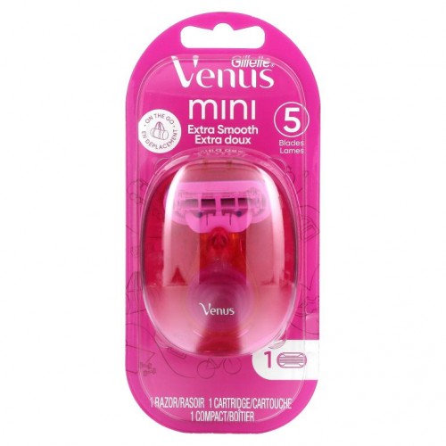 Gillette, Venus, 미니 면도기, 엑스트라 스무드, 면도기 1개, 카트리지 1개, 콤팩트 1개