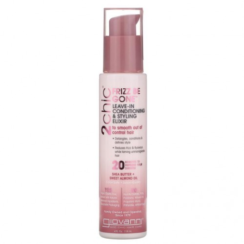 Giovanni, 2chic, Frizz Be Gone, 리브-인 컨디셔닝 & 스타일링 일릭서, 관리가 어려운 모발을 부드럽게 개선, 시어버터 + 스위트아몬드오일, 118ml(4fl oz)