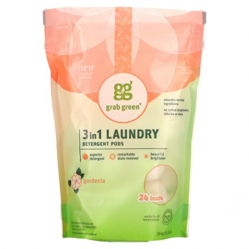 Grab Green, 쓰리인원 세탁 세제 포드, 치자향, 24 회분, 384 g(13.5 oz)
