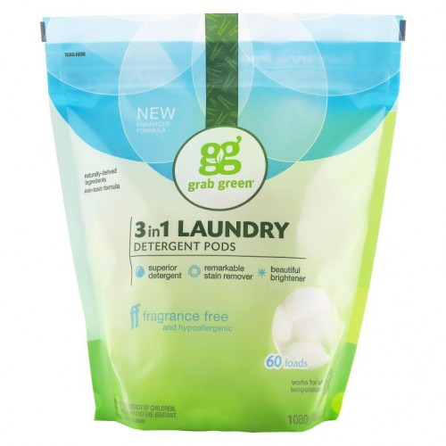 Grab Green, 쓰리인원 세탁 세제 포드, 향료 무첨가, 60 회분, 1,080 g(2 lbs, 6 oz)