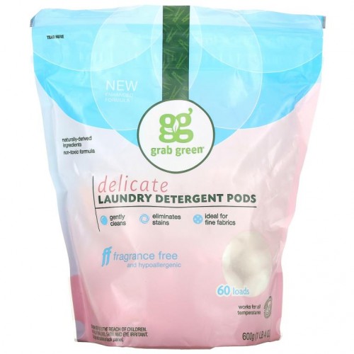 Grab Green, 섬세한 세탁용 세제, 무향, 60 개, 1 파운드 4 온스 (600g)