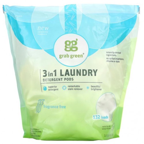 Grab Green, 3-인-1 세탁 세제 포드형, 무향, 132 회 분량