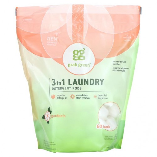 Grab Green, 3-in-1 세탁 세제 포드, 치자, 60회분, 1,080g(2lbs 6oz)