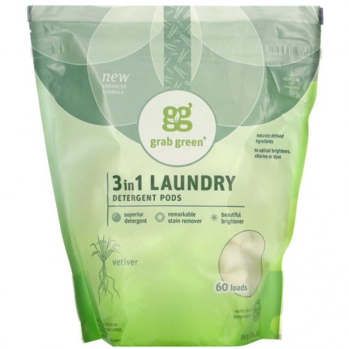 Grab Green, 3-in-1 세탁 세제 포드, 베티베르, 60회분, 2lbs