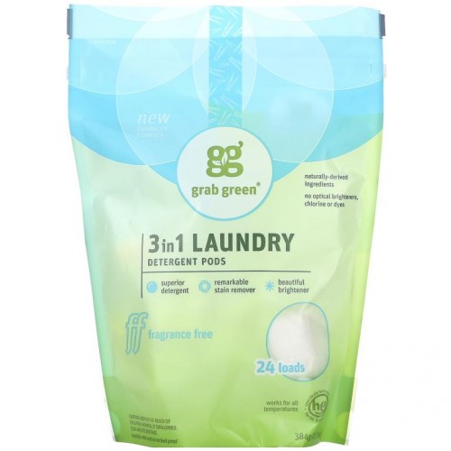 Grab Green, 3 가지 기능을 가진 세탁용 세제, 무향기, 24 로드, 15.2 온스 (432 그램)
