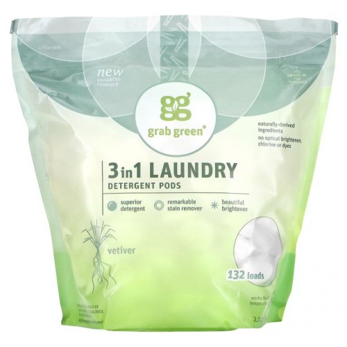 Grab Green, 3 in 1 세탁 세제 큐브, 베티베르풀, 132 회분, 5 파운드 4 온스 (2376 g)