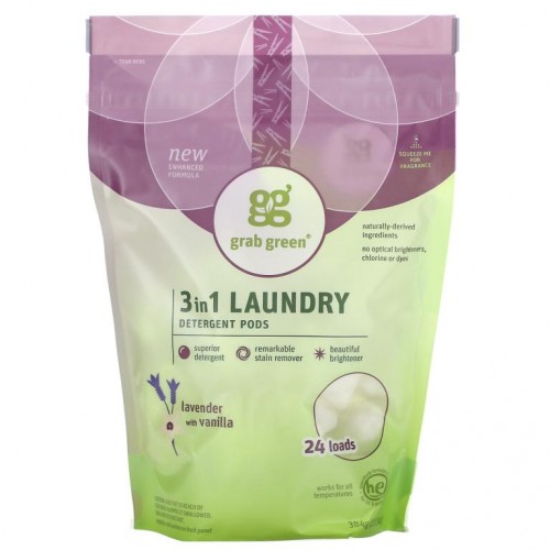 Grab Green, 3 in 1 세탁 세제 포드, 라벤더와 바닐라, 24개입, 384g(13.5oz)