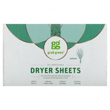 Grab Green, Dryer Sheets, Vetiver, 80 Count