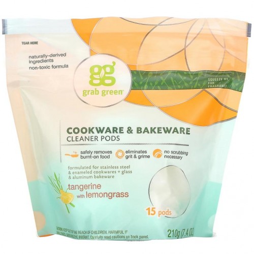 Grab Green, 조리기구 및 제빵기구 세척제 포드. 레몬그라스 향이 더해진 귤향, 15개입, 210g(7.4oz)