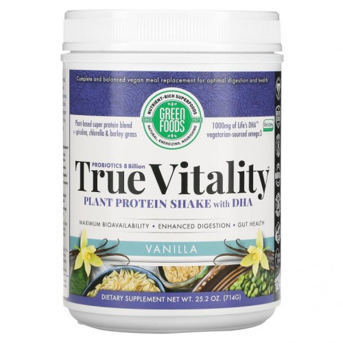Green Foods, True Vitality, DHA 함유 식물성 단백질 셰이크, 바닐라, 714g(25.2oz)