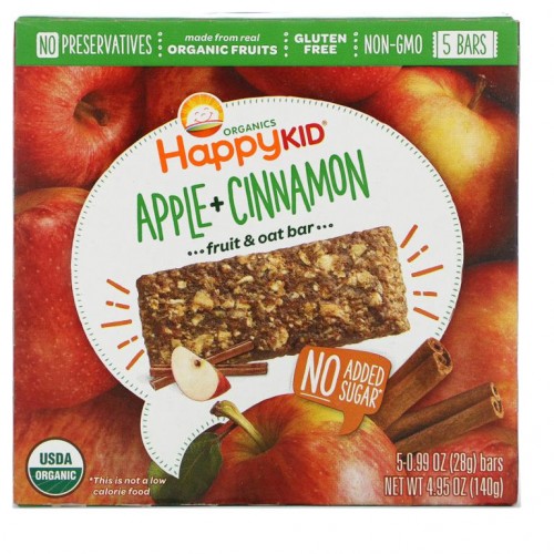 Happy Family Organics, 해피 키드, 애플 + 시나몬, 과일 & 오트밀 바, 각각 0.99 oz (28 g)