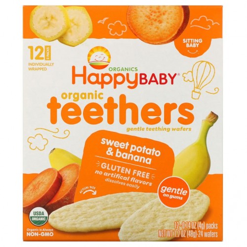 Happy Family Organics, 유기농 티더, 부드러운 치아 발육 웨이퍼, 고구마 및 바나나, 12팩, 각 4g(0.14oz)
