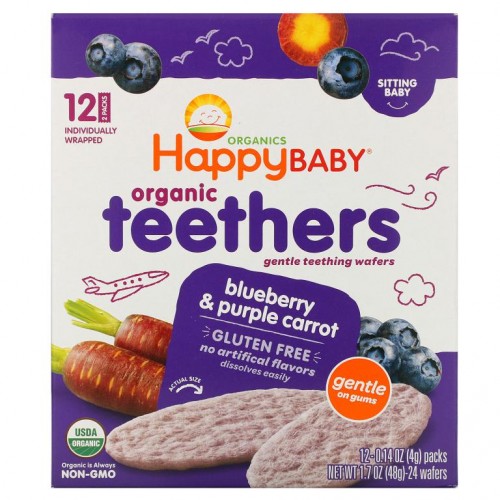 Happy Family Organics, 유기농 티더, 부드러운 치아 발육 웨이퍼, 블루베리 및 자색 당근, 12 팩, 각 0.14 oz(4 g)