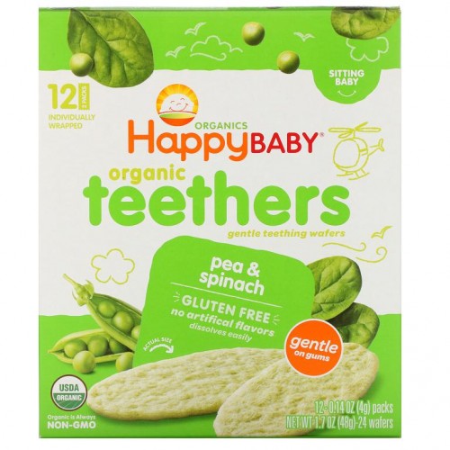 Happy Family Organics, 유기농 티더, 부드러운 치아 발육 웨이퍼, 완두콩 및 시금치, 12 팩, 각 4 g(0.14 oz)