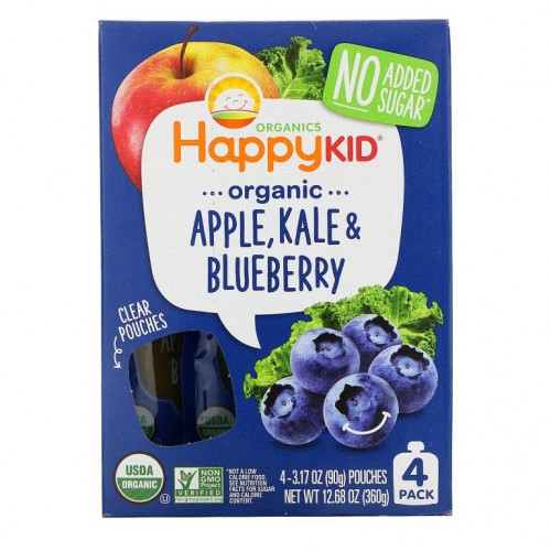 Happy Family Organics, 행복한 아이, 유기농 사과, 케일 및 블루베리, 파우치 4개, 각 90g(3.17oz)
