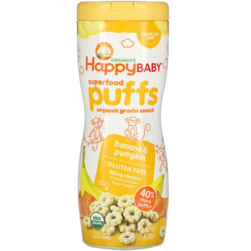 Happy Family Organics, 슈퍼푸드 퍼프, 유기농 곡물 스낵, 바나나 및 호박, 60g(2.1oz)