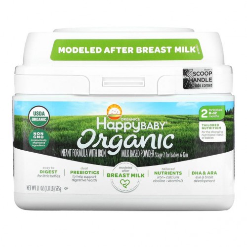 Happy Family Organics, 올가닉 해피 베이비, 철분 함유 유아용 포뮬러, 2 단계, 6-12 개월, 21 oz (595 g)