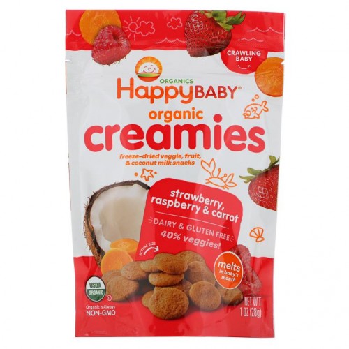 Happy Family Organics, 오가닉 크리미, 냉동 건조 채소, 과일 및 코코넛 밀크 스낵, 딸기, 라즈베리, 당근, 1 oz (28 g)