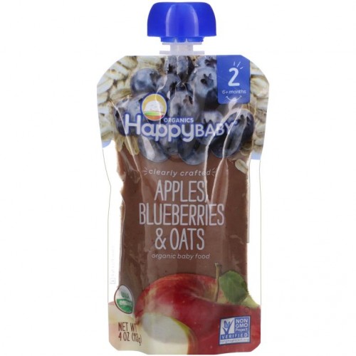 Happy Family Organics, 유기농 이유식, 2단계, 6개월 이상, 사과, 블루베리, 귀리, 113g(4oz)