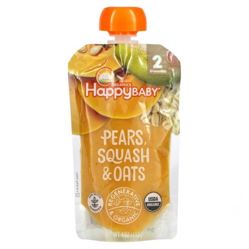 Happy Family Organics, 유기농 유아 식품, 2단계, 6개월 이상, 배, 스쿼시 및 귀리, 113g(4oz)