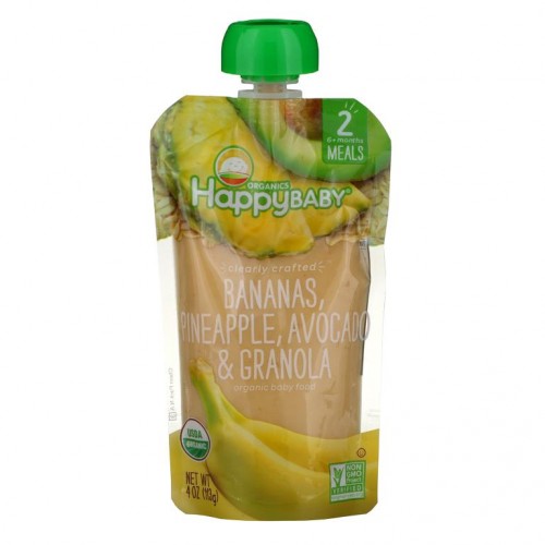 Happy Family Organics, 유기농 유아 식품, 2단계, Clearly Crafted, 6개월 이상, 바나나, 파인애플, 아보카도 & 그래놀라, 113g(4oz)
