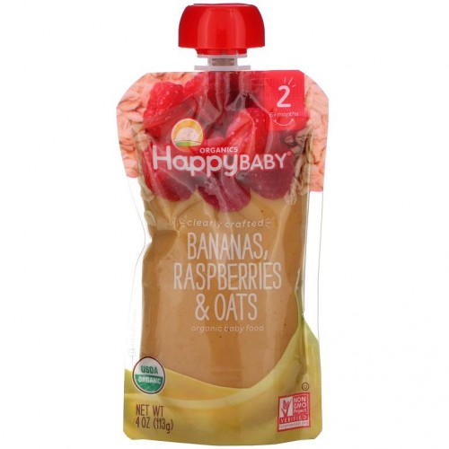 Happy Family Organics, 유기농 이유식, 2단계, Clearly Crafted, 6개월 이상, 바나나, 라즈베리 & 귀리, 113g(4oz)