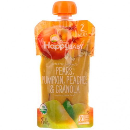 Happy Family Organics, 유기농 유아 식품, 2단계, Clearly Crafted  6개월 이상, 배, 호박, 복숭아 & 그래놀라, 113g(4oz)