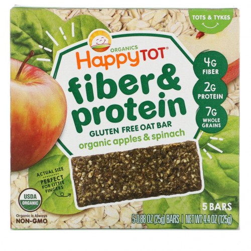 Happy Family Organics, 해피토트, 섬유 및 단백질 부드럽게 구운 귀리 바, 유기농 사과와 시금치, 바 5개, 각 0.88oz(25g)
