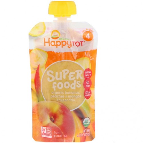 Happy Family Organics, HappyTot, 슈퍼 푸드, 바나나, 복숭아 & 망고 + 슈퍼 치아, 120g(4.22oz)
