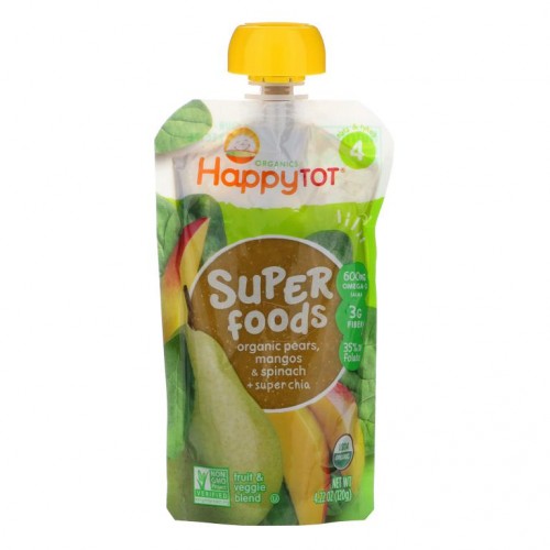 Happy Family Organics, HappyTot, 슈퍼푸드, 유기농 배, 망고 & 시금치 + 슈퍼 치아, 120g(4.22oz)