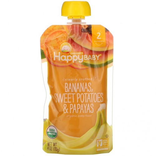 Happy Family Organics, Happy Baby, 유기농 이유식, 6개월 이상, 바나나, 고구마 및 파파야 함유, 113g(4oz)
